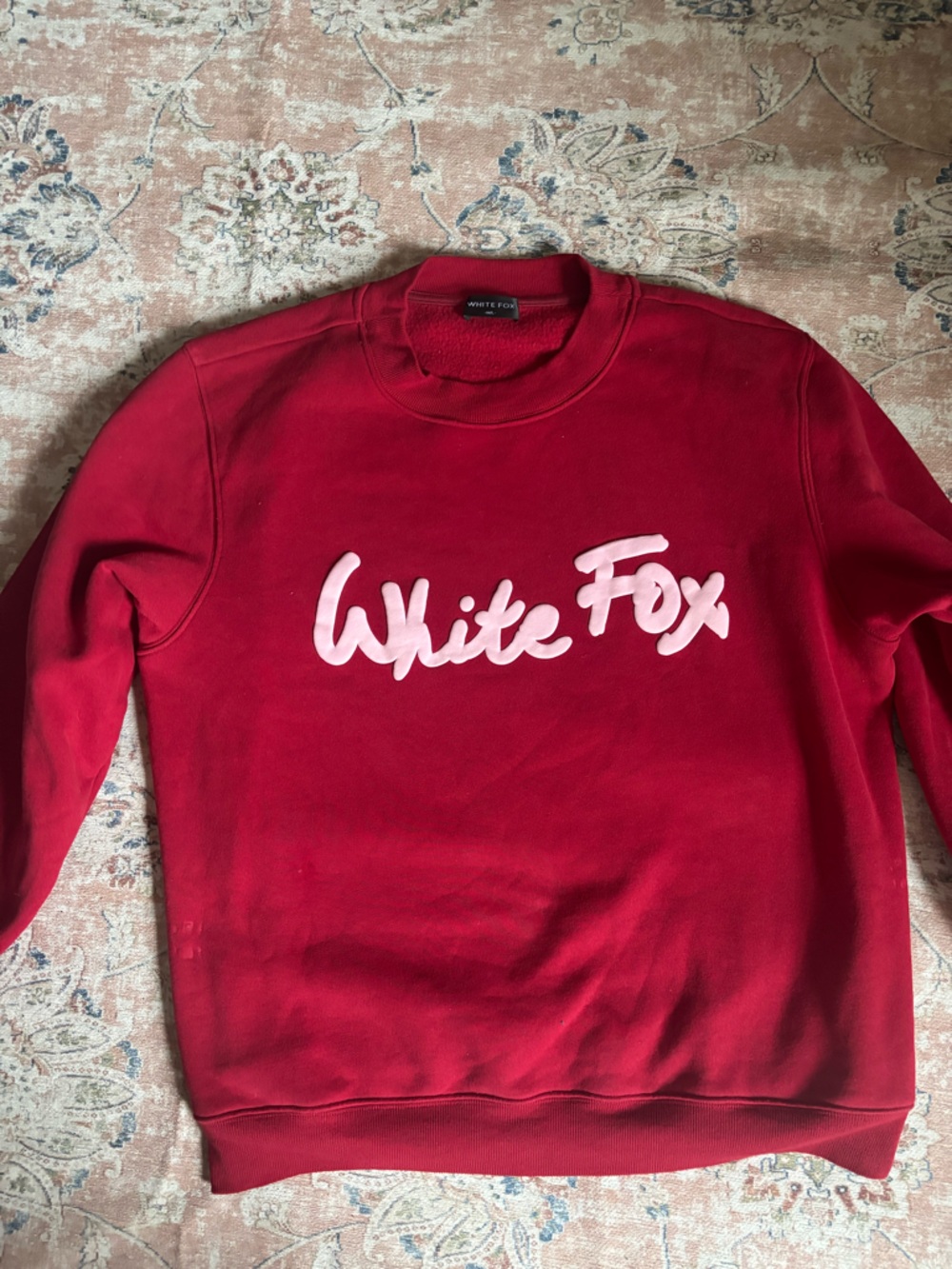 White Fox Boutique Red Crewneck Sweatshirt with Pink Script Logo
